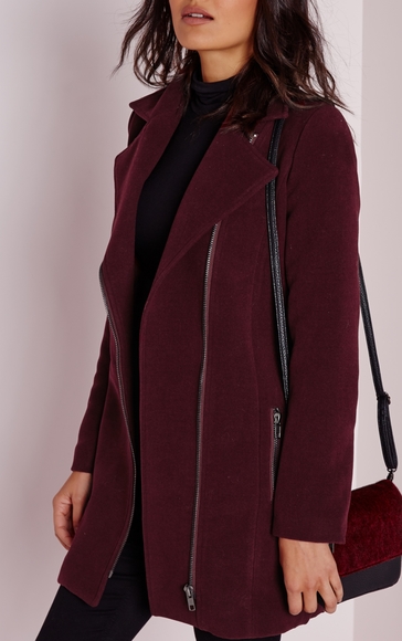 NEW- Missguided Faux-Wool Biker Burgundy Coat - Picture 1 of 6